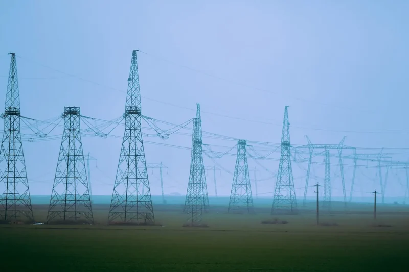 Rows of high-voltage electricity pylons crossing flat farmland in mist