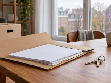 House keys and a document folder on a table beside moving boxes